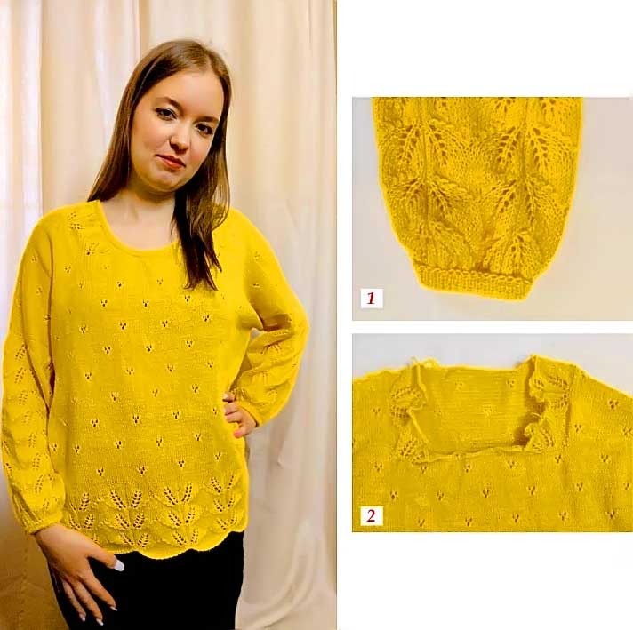 Желтый пуловер «Солнечный» на спицах + схема